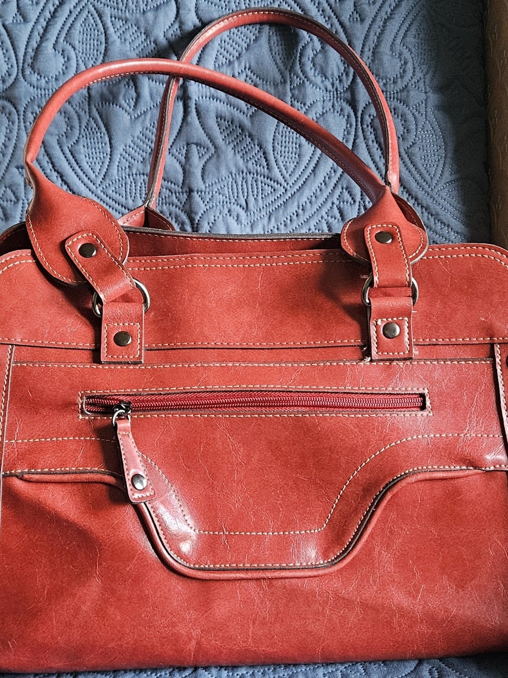 Structured Red Leather Tote with Stitched Handles